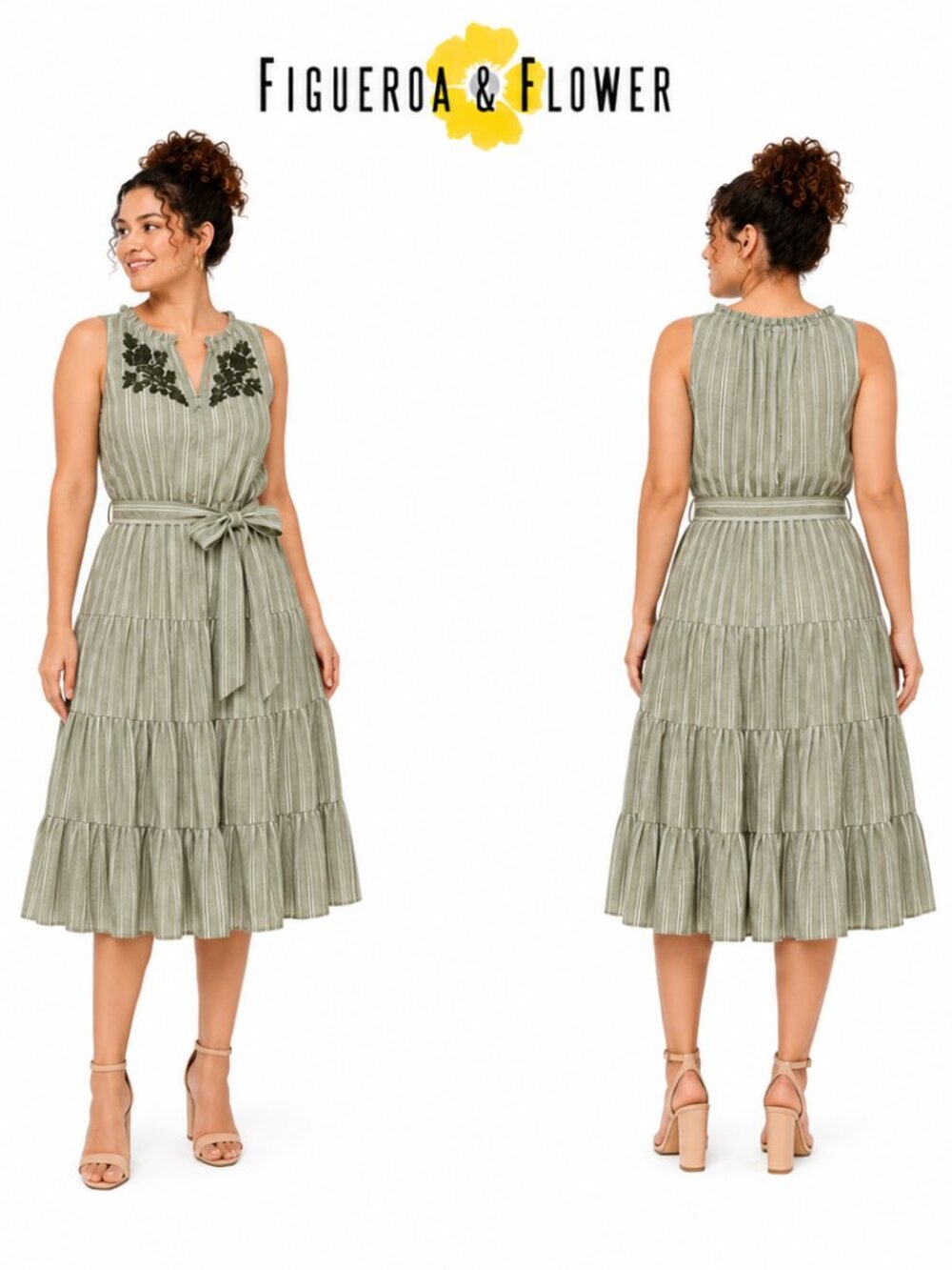 Figueroa & Flower Womens Green Striped Embroidered Tiered Midi Dress BEL1T93 M